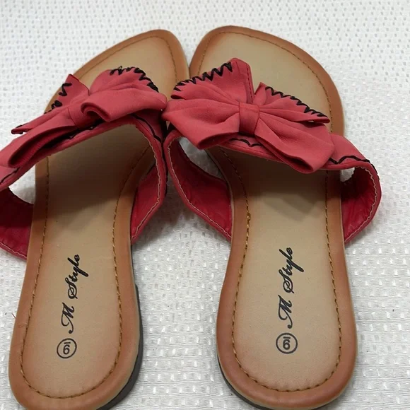 M Style Deep Salmon Fabric Bow Flat Sandals Size 9 - Picture 4 of 5